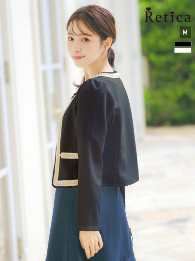 ワッフル素材パール×ノーカラー長袖ジャケット (Mサイズ)