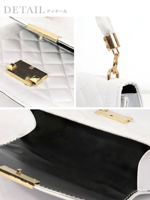 2wayゴールドチェーン付きキルティングハンドバッグ(ブラック/パープル