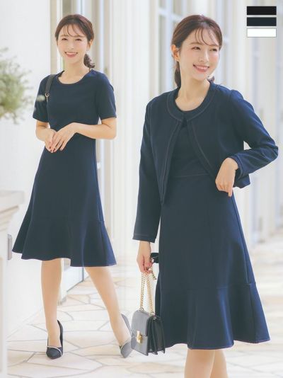 [SALE] ノーカラージャケットパネルラインワンピースセットアップセレモニースーツ (S～XXLサイズ)