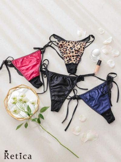 サテン×黒レースTバック紐ショーツ単品★(ヒョウ柄/ワインレッド/ネイビー/ブラック)(Mサイズ&#12316;Lサイズ)