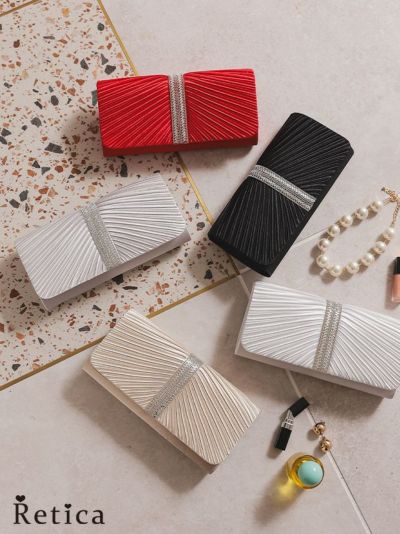 ラインストーンギャザー 2wayプリーツクラッチバッグ(ベージュ/シルバー/ブラック/ホワイト/レッド)