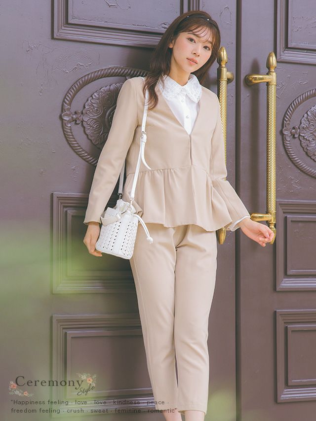 SALE] ノーカラーペプラムジャケット×パンツセットアップセレモニー