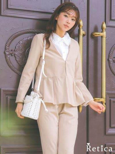 [SALE] ノーカラーペプラムジャケット×パンツセットアップセレモニースーツ (XSサイズ～XXLサイズ) (ベージュ/ブラック/ダークグレー)
