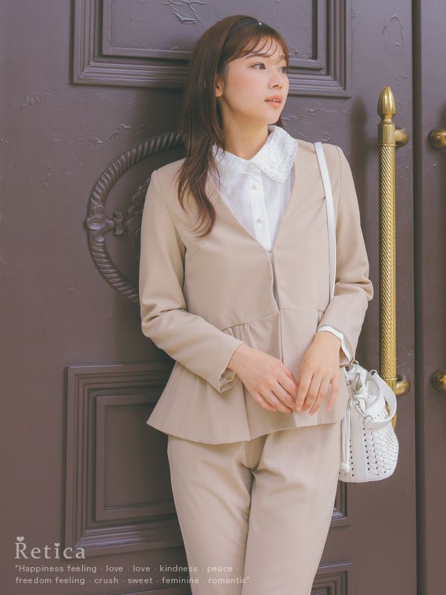 SALE] ノーカラーペプラムジャケット×パンツセットアップセレモニー