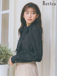 リボンタイ付き長袖シフォンフォーマルブラウスブラック