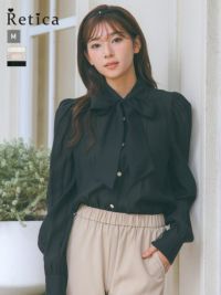 リボンタイ付き長袖シフォンフォーマルブラウスブラック