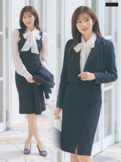 Vネックミニ丈ジャケット&サイドボタン風タイトワンピースセットアップセレモニースーツ(Sサイズ～XLサイズ)