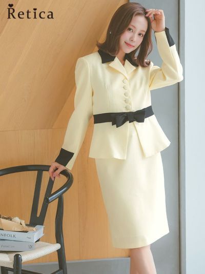 [SALE] バイカラーウエストリボンセットアップタイトスカートセレモニースーツ (Sサイズ～3Lサイズ) (アイボリー)