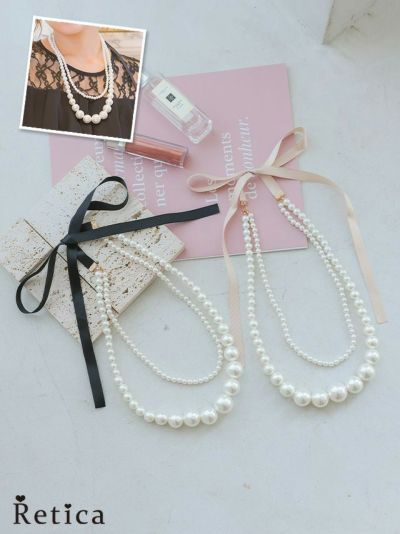 バックリボンデザイン2連パールネックレス(ベージュ/ブラック)