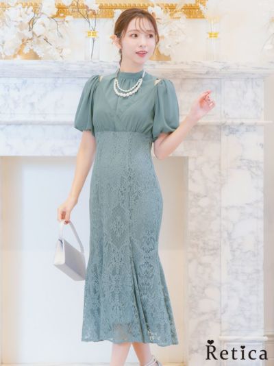 [SALE] ショルダーカットふんわり袖カシュクールミモレ丈ワンピースドレス (Sサイズ～4Lサイズ)
