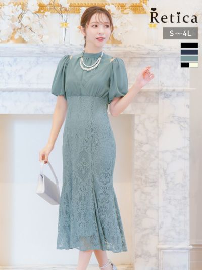 [SALE] ショルダーカットふんわり袖カシュクールミモレ丈ワンピースドレス (Sサイズ～4Lサイズ)