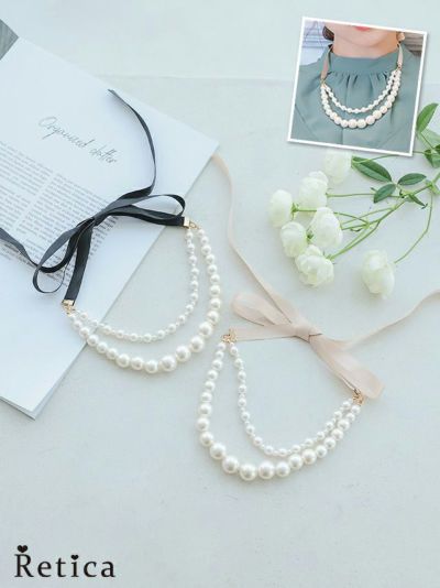 バックリボン×2連パールネックレス(ベージュ/ブラック)