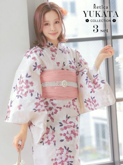 [SALE] 山桜柄フェミニンクリーム上品ゆかた3点セット (浴衣+兵児帯+下駄)
