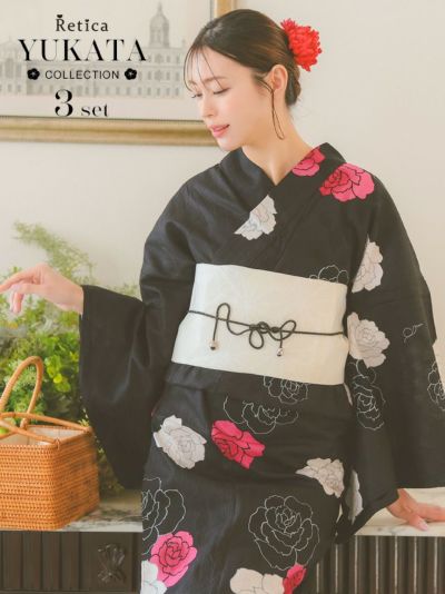 [SALE] クールな黒地に艶やかローズゆかた3点セット (浴衣+平帯or作り帯+下駄)