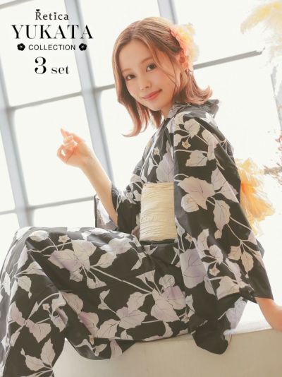 [SALE] レトロガーリー黒地に儚い鬼灯リーフゆかた3点セット (浴衣+兵児帯+下駄)