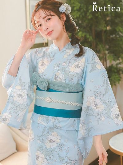 パステルブルーにピュア牡丹ゆかた3点セット (浴衣+平帯or作り帯+下駄)