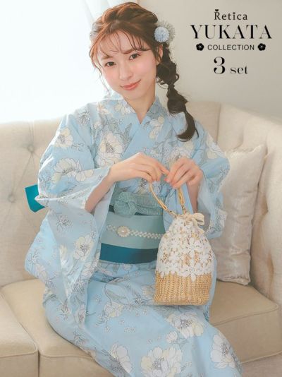 [SALE] パステルブルーにピュア牡丹ゆかた3点セット (浴衣+平帯or作り帯+下駄)