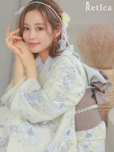 華やかパステルイエローにピュア牡丹ゆかた3点セット (浴衣+平帯or作り帯+下駄)