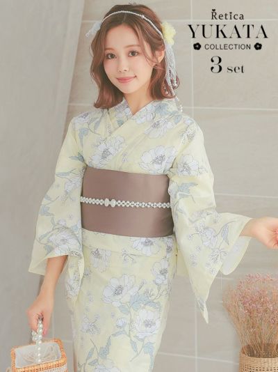 [SALE] 華やかパステルイエローにピュア牡丹ゆかた3点セット (浴衣+平帯or作り帯+下駄)
