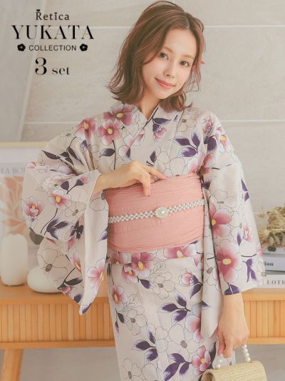 [SALE] 儚げクリームカラーに濃い椿ゆかた3点セット (浴衣+兵児帯+下駄)