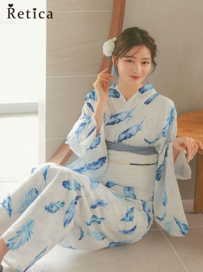 清涼ホワイト×ブルーフェザーゆかた3点セット (浴衣+兵児帯+下駄)