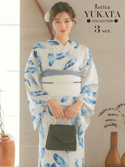 [SALE]清涼ホワイト×ブルーフェザーゆかた3点セット (浴衣+兵児帯+下駄)