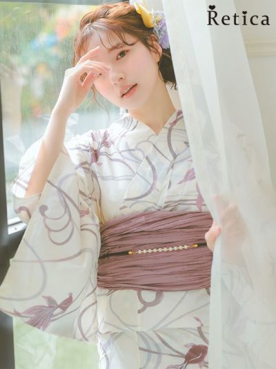 流水金魚柄くすみピンク生成地大人可愛い3点セットレディース浴衣 (浴衣+r兵児帯+下駄)