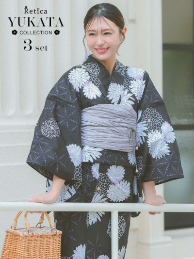 [SALE] 気品漂う菊模様大人レトロな黒浴衣3点セット (浴衣+兵児帯+下駄)