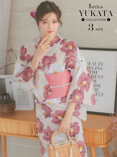 [SALE] ふんわり上品ニュアンスベージュ地×華やか椿 浴衣3点セット (浴衣+平帯or作り帯+下駄)