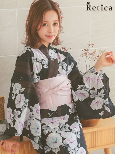 [SALE] 朝顔柄マルチストライプ黒地大人のレディース浴衣3点セット (浴衣+平帯or兵児帯+下駄)