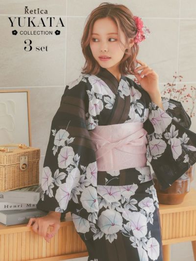 [SALE] 朝顔柄マルチストライプ黒地大人のレディース浴衣3点セット (浴衣+平帯or兵児帯+下駄)