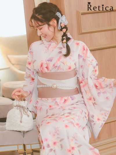 [SALE] ピンク地ニュアンス花柄3点セットレディース浴衣(浴衣+平帯or作り帯+下駄)
