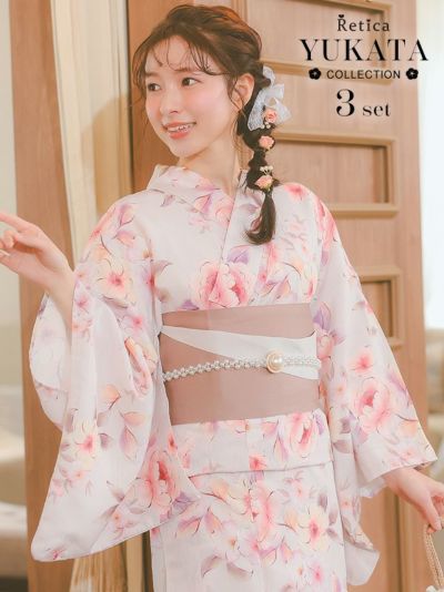 [SALE] ピンク地ニュアンス花柄3点セットレディース浴衣(浴衣+平帯or作り帯+下駄)