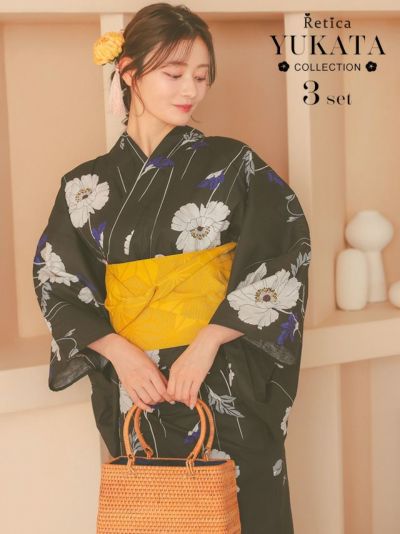[SALE] ホワイトポピー柄ブラック生地大人のレディース浴衣3点セット (浴衣+平帯or兵児帯+下駄)