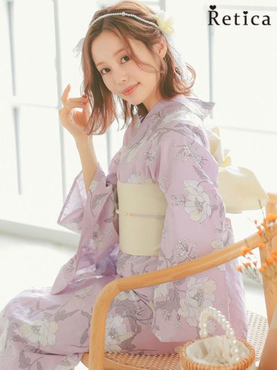 線画フラワーピンク地大人可愛い3点セットレディース浴衣 (浴衣+平帯or作り帯+下駄)