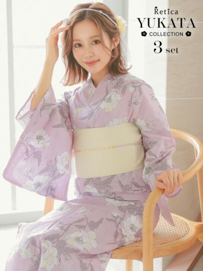 [SALE] 線画フラワーピンク地大人可愛い3点セットレディース浴衣 (浴衣+平帯or作り帯+下駄)
