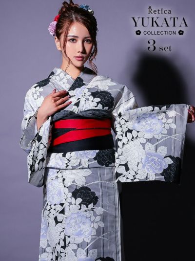 [SALE] シックなモノクロ薔薇が咲き誇るレトログレー 浴衣3点セット (浴衣+平帯or作り帯+下駄)