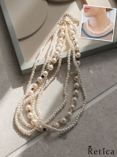 多連パールロングネックレス(ホワイト×ゴールド)