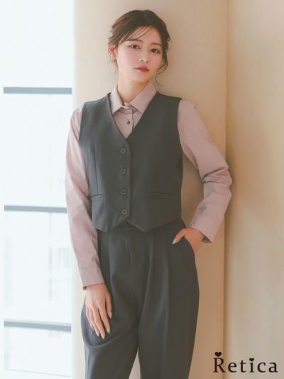 [SALE] カラーレスベスト＆ワイドパンツ セットアップスーツ (Mサイズ) (オリーブブラウン/ダークグレー/ブラック)