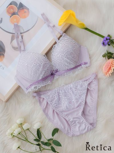 フラワーレースワイヤー入りブラジャー&ショーツセット (ホワイト×パウダーラベンダー)(A～D/65～75)