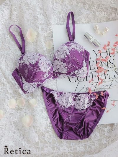 花柄レースブラジャー&ショーツセット (プラム)(B～D/65～80)