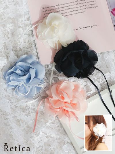 [SALE] 髪飾りシフォンフラワーコサージュヘアアクセサリー(ブラック/ブルー/ピンク/ホワイト) [Retica/レティカ]