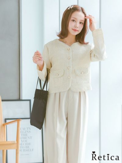 [SALE] ツイード×パール長袖ジャケットセットアップパンツスタイルセレモニースーツ(Mサイズ)