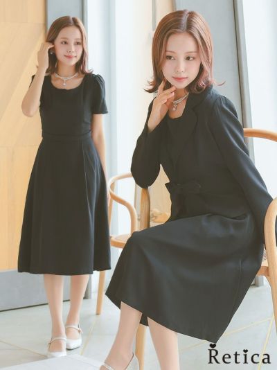 リボンブローチ付きジャケット×シンプルタックフレアワンピースセレモニースーツ (S～XXLサイズ)