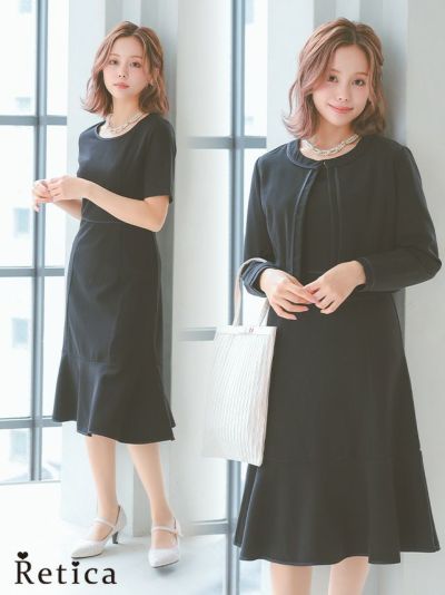 [SALE] ミニ丈ジャケット×半袖パネルラインワンピースシンプルワンカラーセレモニースーツ (S～XXLサイズ)
