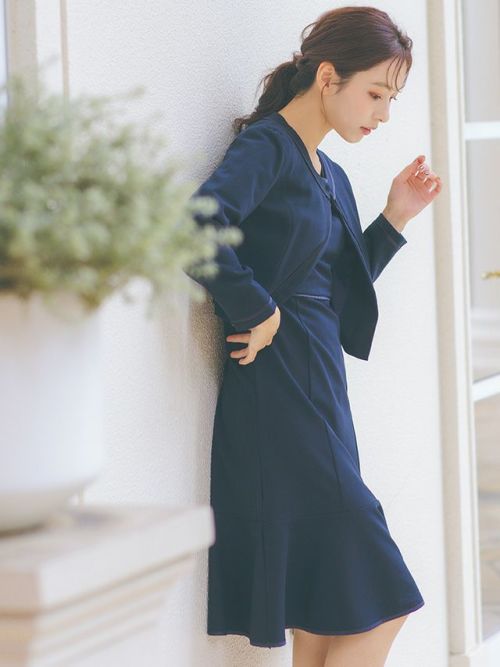 SALE] ミニ丈ジャケット×半袖パネルラインワンピースシンプル