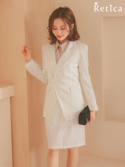 [SALE] お洒落ストライプジャケット&タイトスカートVネックワンピースセットアップセレモニースーツ (S～2Lサイズ)