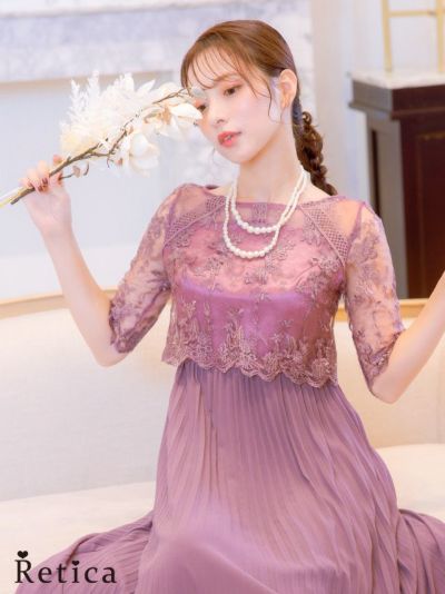 [SALE] 刺繍フラワーセール袖ありプリーツロングスカートパーティードレス (Sサイズ～XXLサイズ)