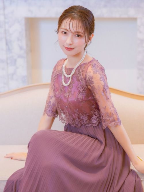 パーティードレス　花柄刺繍　プリーツロング セール】フラワー刺繍 レース 切り替え プリーツロング