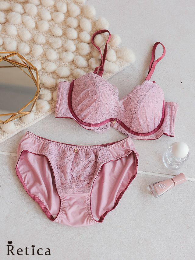 ラブリーピンクフラワー刺繍フロントホックカップブラジャー&ショーツ